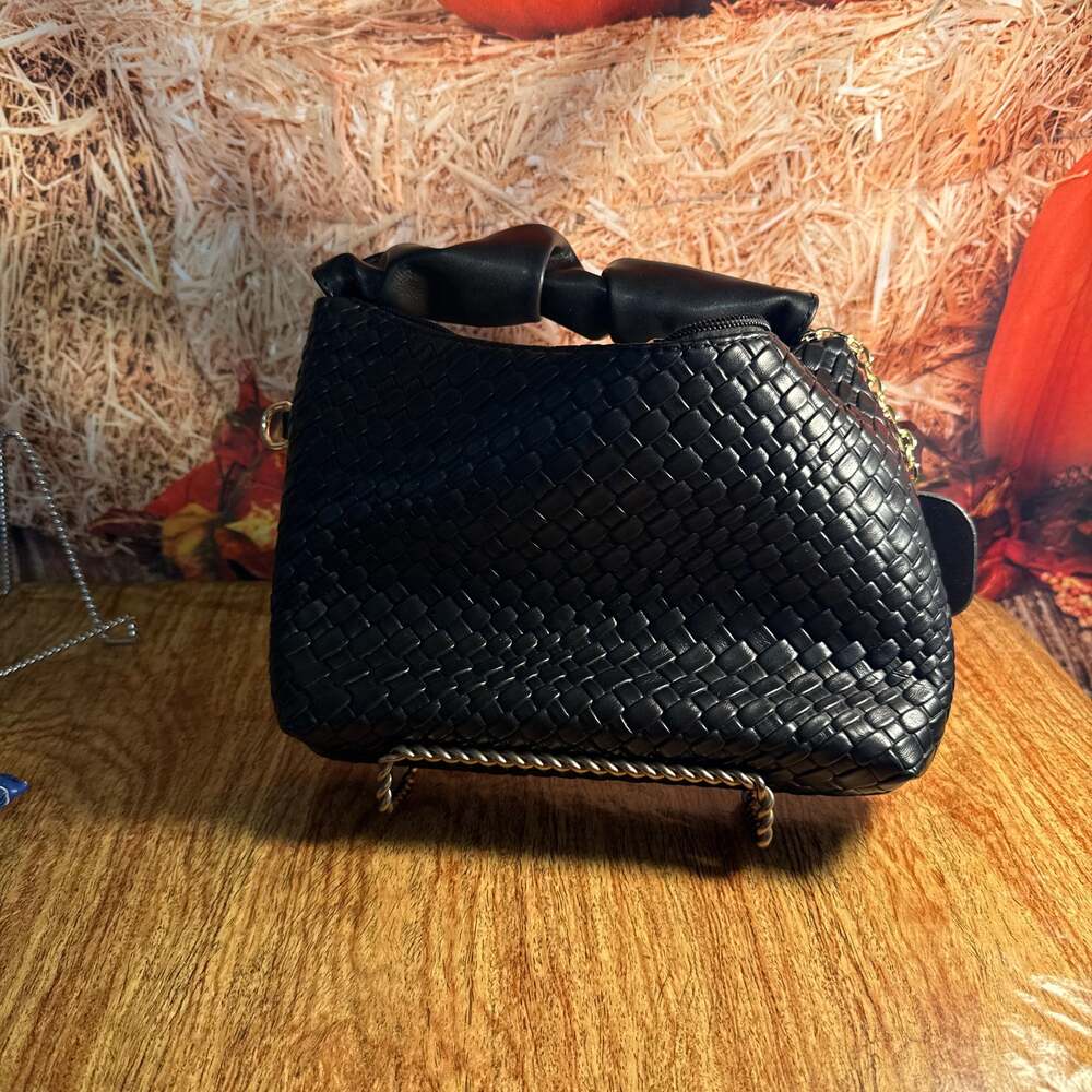 Women Black Woven Crossbody Leather Handbag -